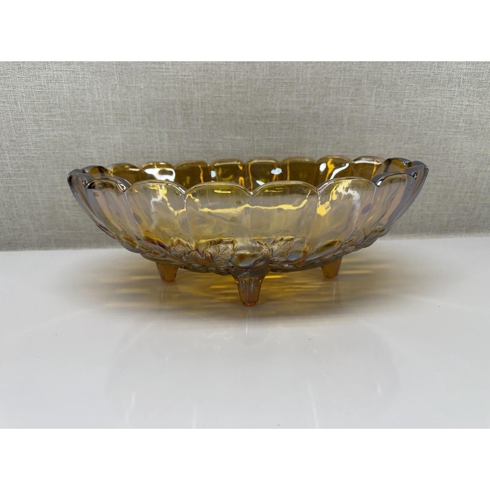 Vintage Amber Glass‎ Footed Bowl Grape Pattern Scalloped Edge 12"